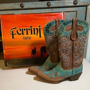 Ferrini cowboy boots size 7 turquoise brown antique silver